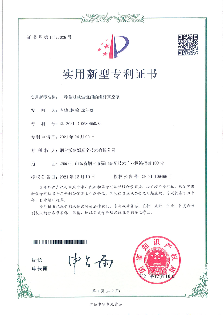 一种带过载溢流阀的螺杆真空泵